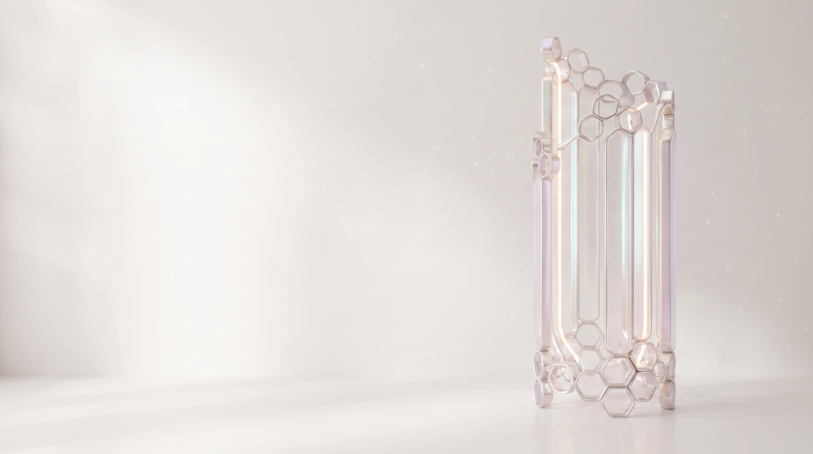 A turbulent ribbon of pearlescent liquid metal, twisting and unsettled, with loose strands and scattered droplets. As the page scrolls it draws inward and resolves into a precise upright architecture of interlocking hexagonal cells lit from within.