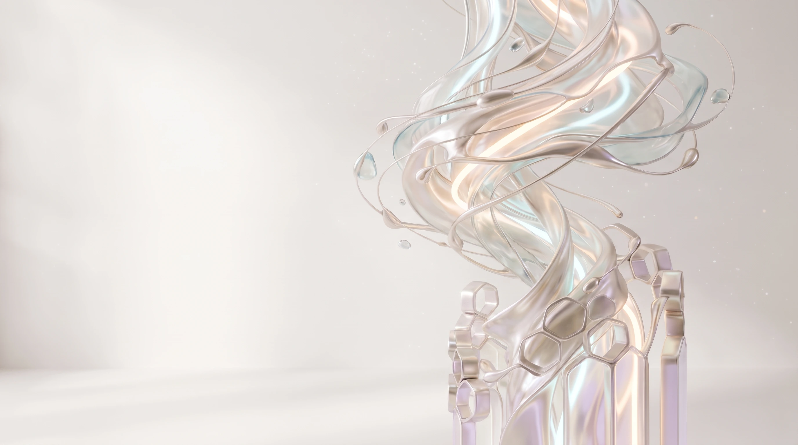 Pearlescent liquid metal part-way through resolving: flowing ribbons above, hexagonal cells forming and locking into structure below.
